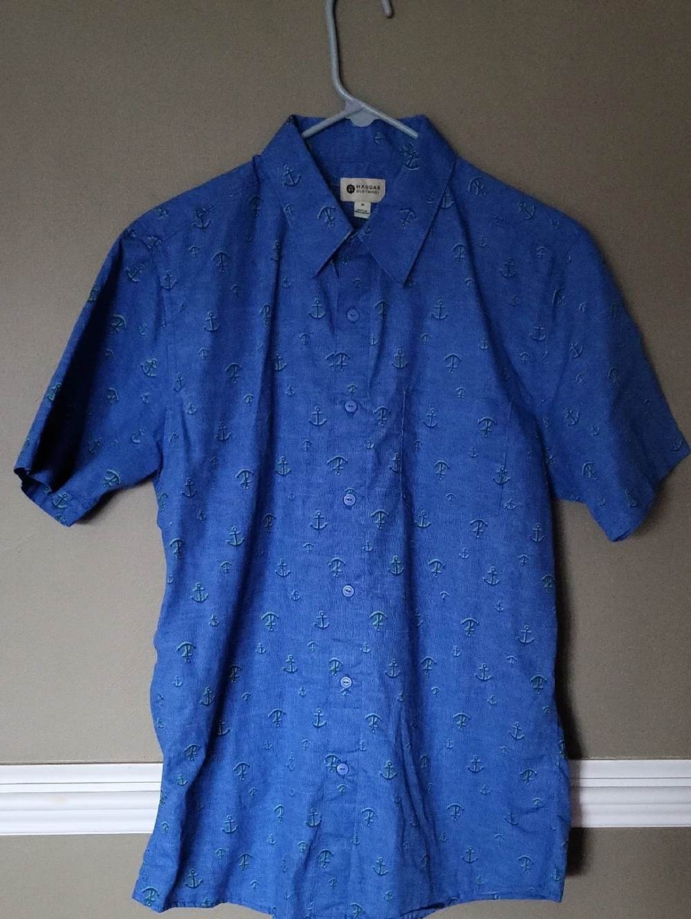 Haggar Blue Short-Sleeve Anchor Print Button-Down Shirt Size Medium